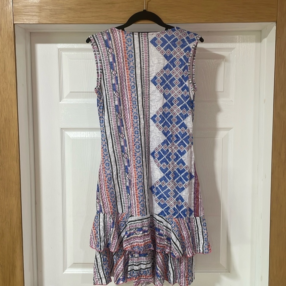Carine Dress Size S Mini Crinkle Fabric Ruffle Sleeveless Lined White Blue - Picture 3 of 9
